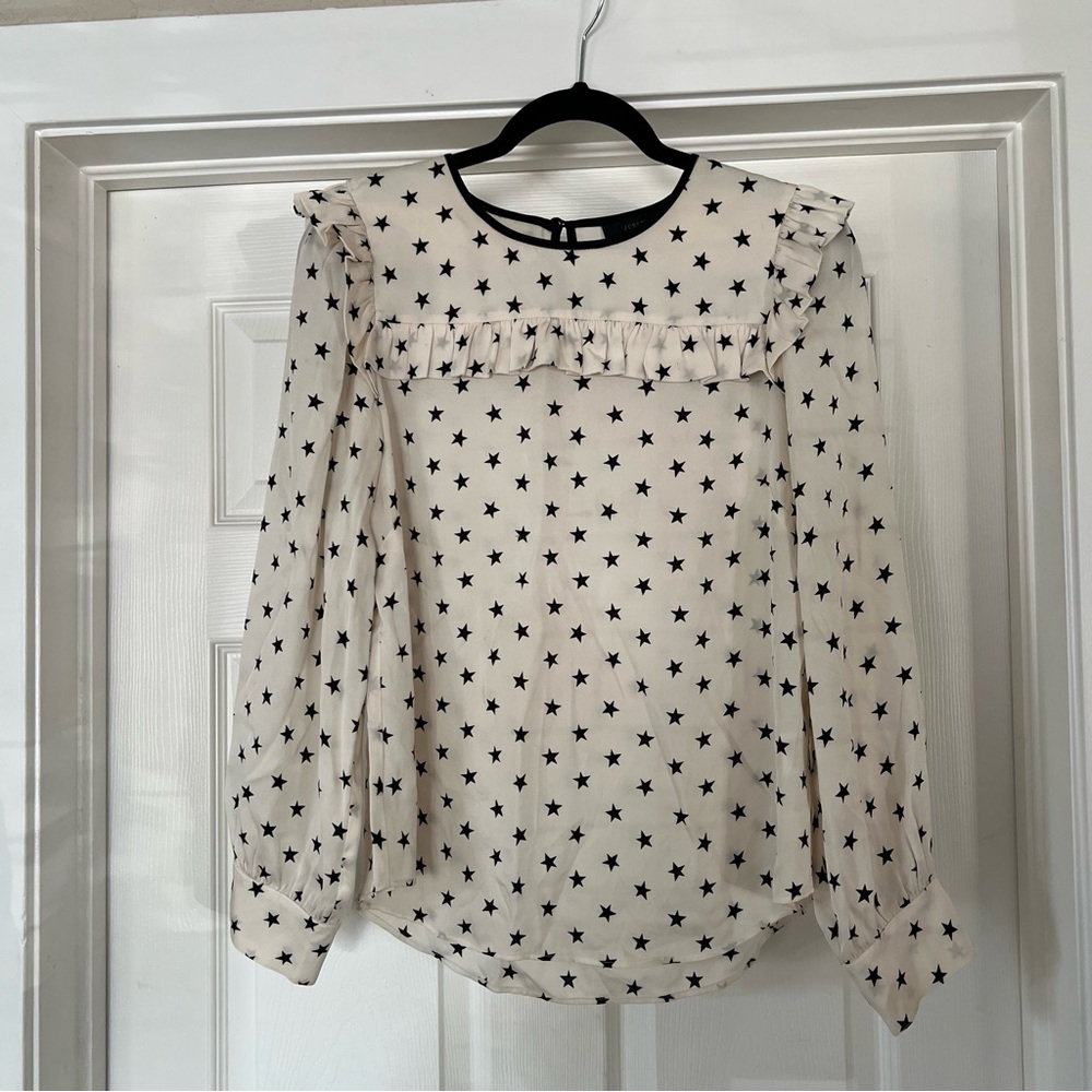 J. Crew Cream Silk Blouse with Black Star Pattern, Size 10